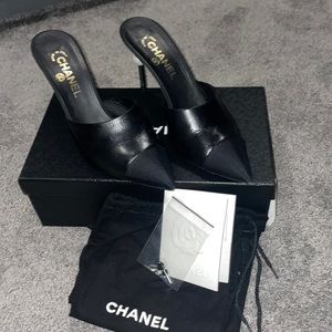 Chanel Black Mule Heels with Pearl detailing